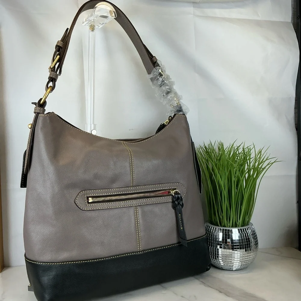 Dooney & Bourke Sophie Hobo Mushroom Taupe Black Leather Bag Tassels NWT‎